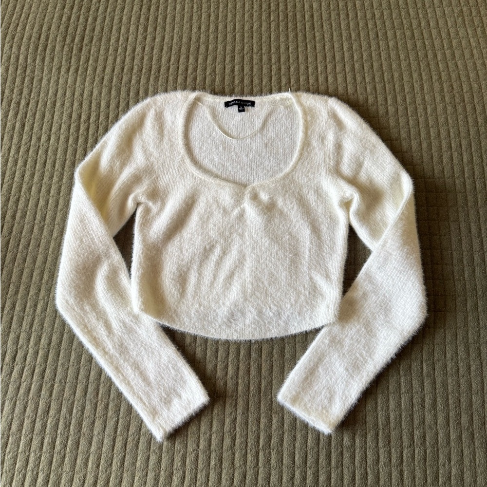 Kendall & Kylie Cropped White Fuzzy Sweater
